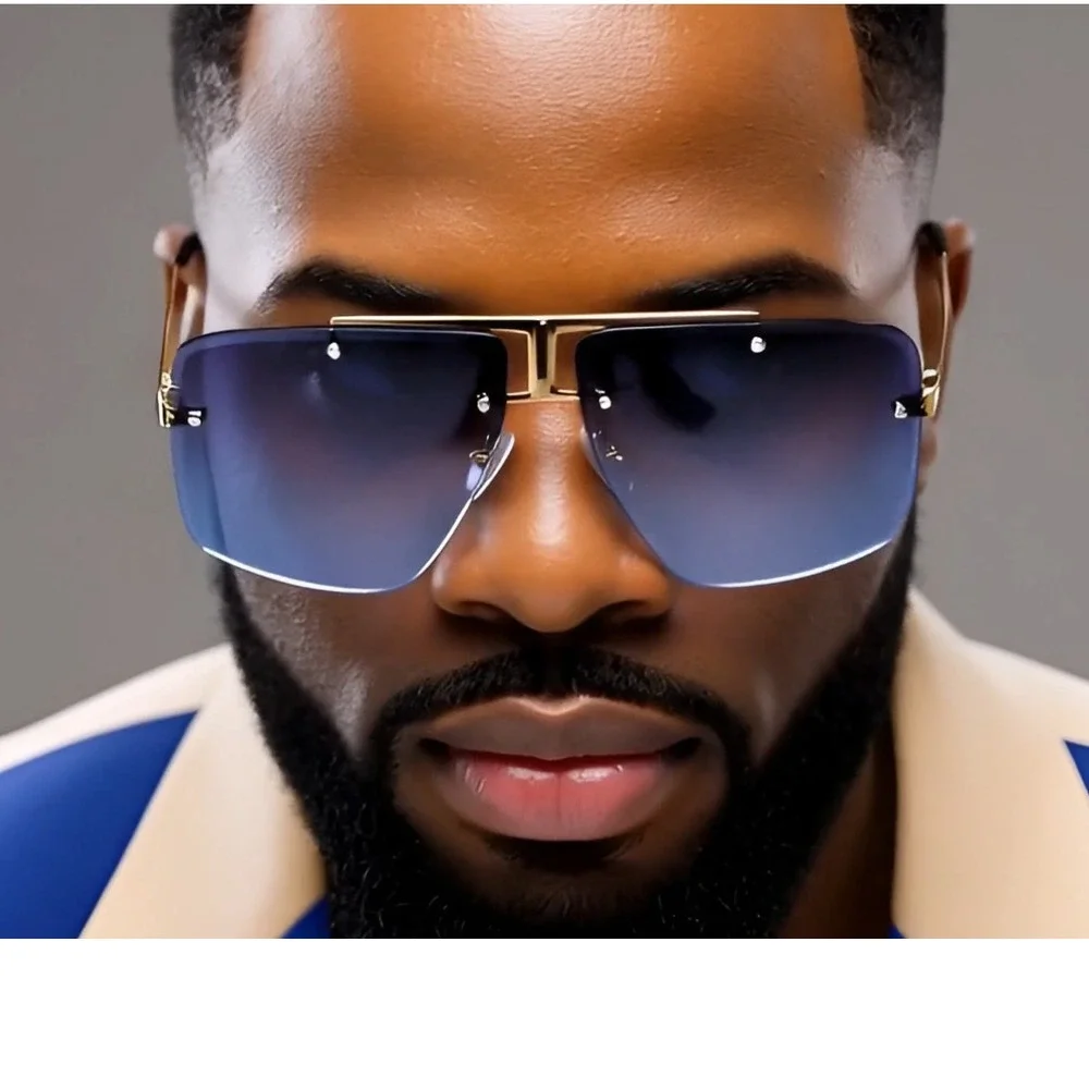 Rimless Sunglasses‎ Men Square Navy Blue Lens Gold Frame Fashion Shades Lentes